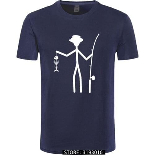 Cool Funny T-Shirt Men High Quality Tees Mens Fisherman Stick Figure Holding Fish Bones Cotton Short Sleeve T Shirts