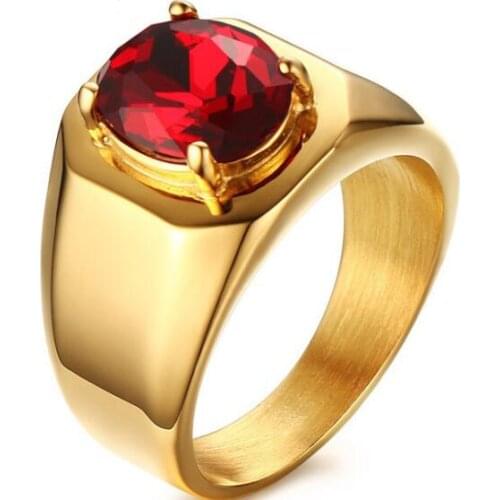 Freinds Gifts RC-319 Gold stainless steel Smooth Ring Band Large Red zircon Stone 8-11# Unisex Men jewelry Bling