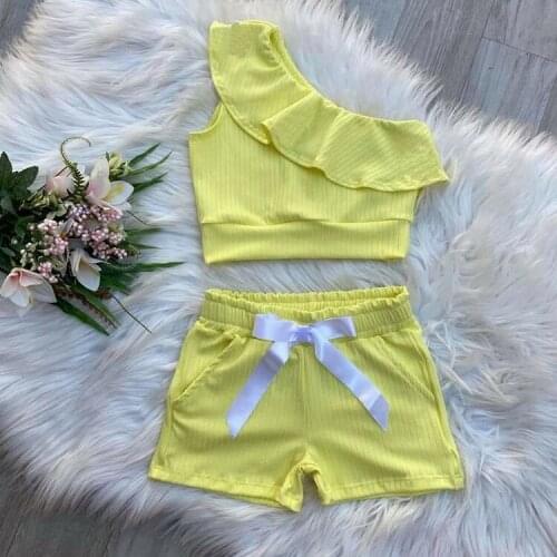 FOCUSNORM 0-4Y Summer Fashion Kids Girls Clothes Sets Solid Knit One Shoulder T Shirts Tops Shorts 2pcs