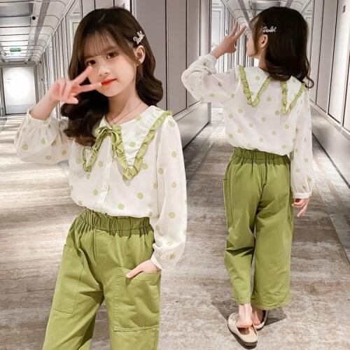 Girls Suit Blouse +Pants 2Pcs/Sets 2021 Green Spring Autumn Teenager Kid School Outdoor Clothes Kids Children Clothing