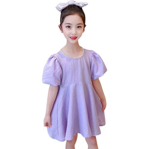 Girls Summer Dress Pearls Dress Girls Puff Sleeve Child Dress Casual Style Clothes For Girls 6 8 10 12 14