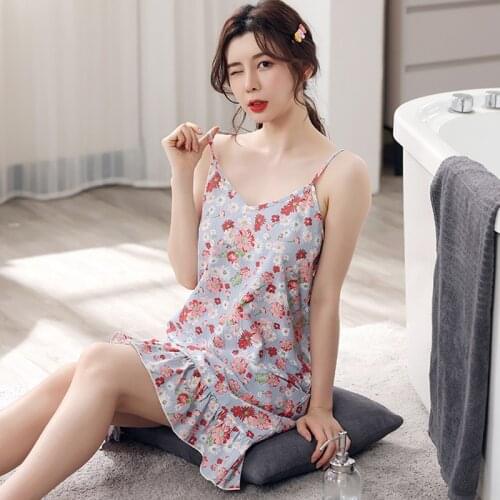 SLPBELY Women Sling Nightdress Nightgown Summer Sweet Flower Printed Sleeveless Sexy Woman Sling Night Dress Ruffle Nighgskrit