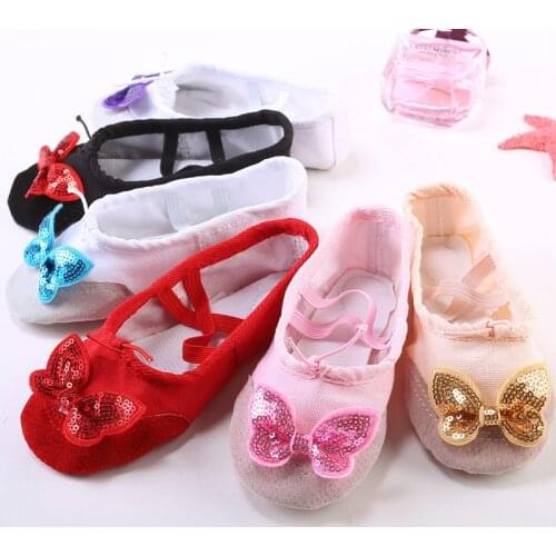 New fashion Paillette Bow Children Ballet dancewear New Pattern Dancing Shoe Skin Head Two Soft Soled Shoes