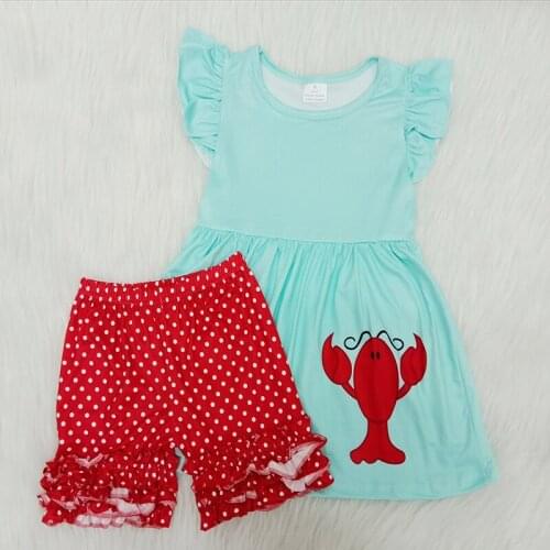 Toddler girl clothes for summer girl lobster printed green top and red shorts with white dot set fashion girl outfit