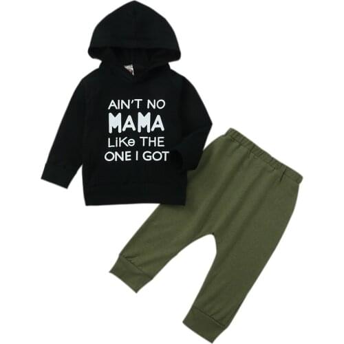 2020 Autumn Newborn Baby Boys Clothing Set Toddler Long Sleeve Letter Print Hooded Pullover Top + Solid Color Long Pants 0-3T