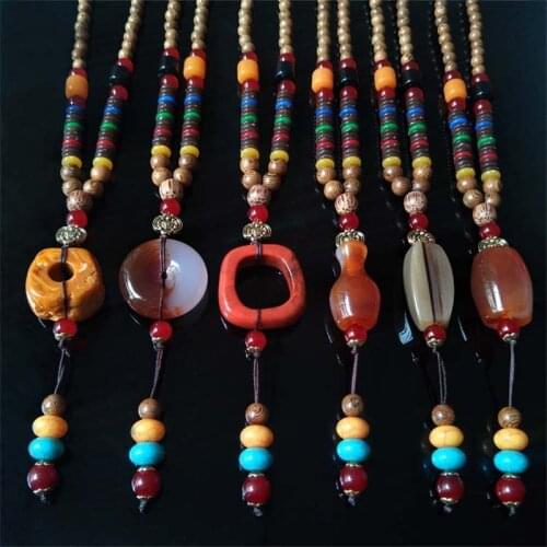 Unisex Handmade Necklace Nepal Buddhist Mala Wood Beads Pendant & Necklace Ethnic Fish Horn Long Statement Men Womens Jewelry