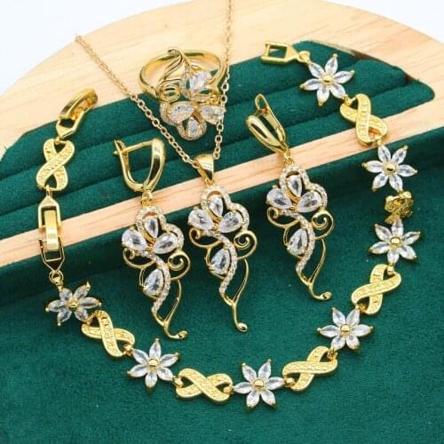 Personalized Gold Color Jewelry Set for Women Wedding White Zircon Bracelet Earrings Necklace Pendant Bride Ring Gift