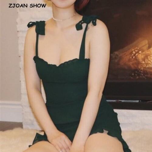 Summer Plain Green Color Women Sling Dress Ruffles hem Tie Bow Strap Sleeveless Mini Dress Sexy Beach Holiday Vintage