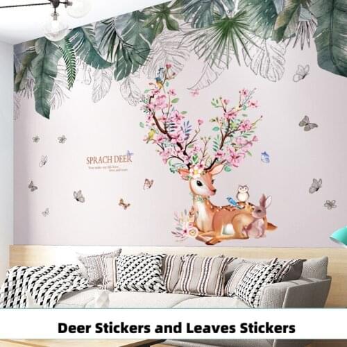 [SHIJUEHEZI] Deer Flowers Animal Wall Stickers DIY Plants Leaves Wall Decals for Kids Rooms Baby Bedroom Kitchen Home Decoration