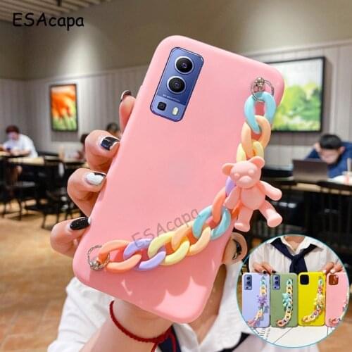 Cartoons Bear Wrist Chain Phone Cover For Vivo Y72 Y73S 5G Y31 2021 Y51 Y70 2020 Silicone Matte Case For Vivo Y52S Y70S S7E Y20