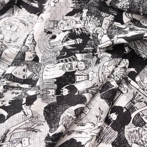 145CM Wide 20MM Cartoon Print Black 90% Silk 10% Lycra Stretch Heavy Silk Fabric for Blouse Dress Cheongsam H633
