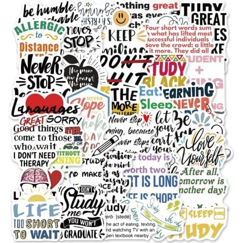 50pcs English Letters Inspirational Quotes Sticker Studyroom Slogans Phrases Stickers for Laptop Computer Skateboard Toy Decals
