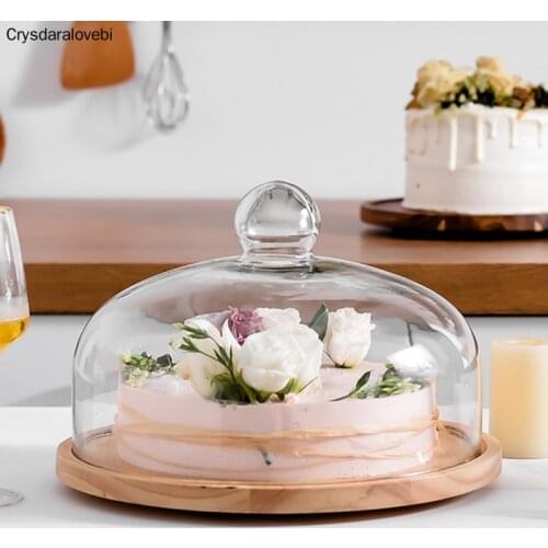 Rotating Cake Plate Wooden Birthday Dessert Display Tray Fruit Dish Household Serving Plate Bakery Making Cake Stand Glass Cover