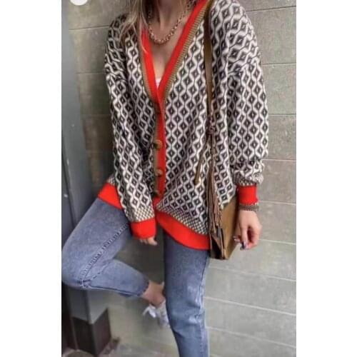 Knitting Cardigan Women Sweater Winter Clothes Women Diamond Pattern Color Contrast Loose Casual Knitted Y2k Sweaters