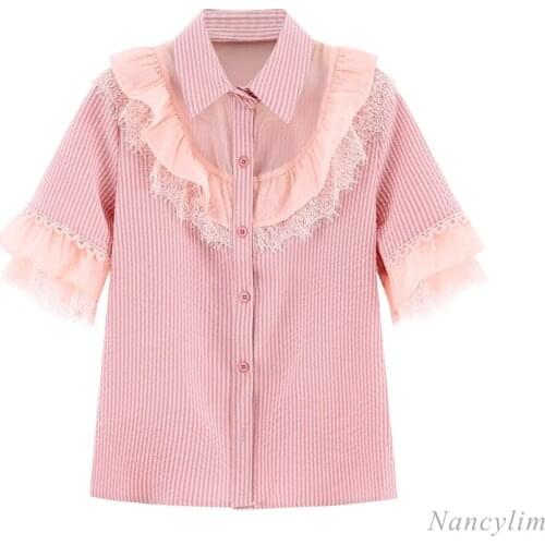 Lace Mesh Patchwork Ruffled Striped Short Sleeved Shirt for Women 2021 Summer Korean Style Loose Pink Blouse Blusas Femme