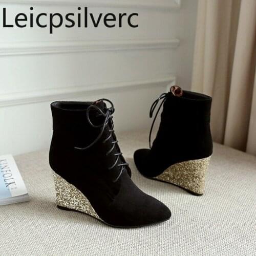 Womens Boots The New Autumn And Winter fashion Pointed Lace up Wedge High heel Short tube Womens shoes size 34-42 8.5cm high