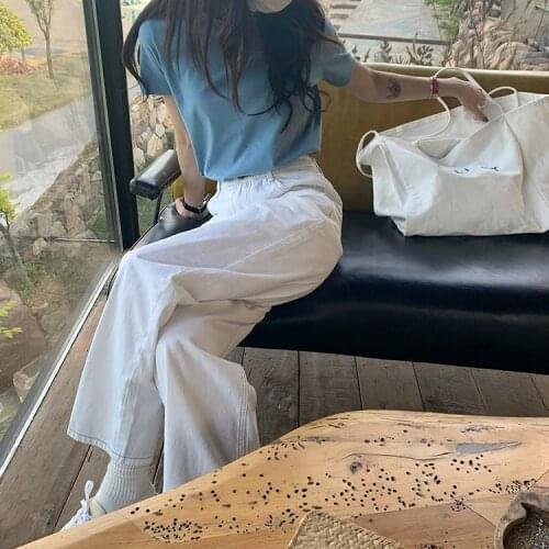 Wide leg floor pants light color jeans womens 2021 lazy style long leg straight pants high waist white pants ins