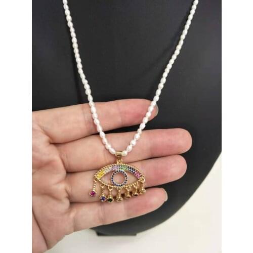 Womens fashion jewelry micro inlaid zircon color eyes accessories pendant freshwater pearl necklace
