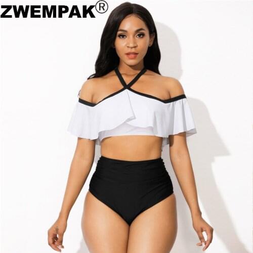 Womens Ruffle Swimwear Black & White Patchwork Color Short Sleeve Bikini High Waisted Two Pieces Swimming Suits Beachwear XL