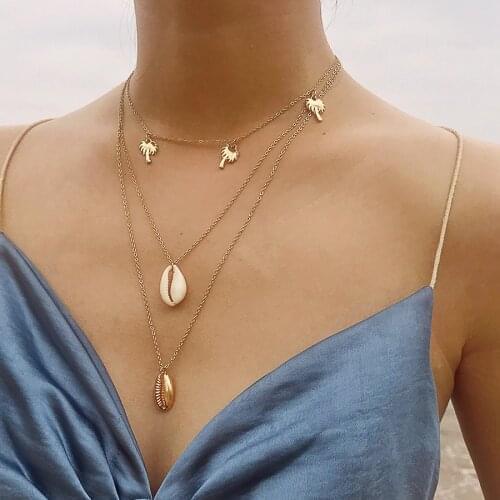 RAVIMOUR Boho Necklaces & Pendants Gold Layers Chain Shell Tree Necklace for Women Jewelry Vintage Bohemian Choker 2019