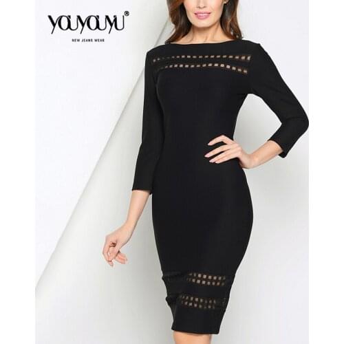 Kaige.Nina New Dress Simple Pure Color Office lady Style Wrist sleeve Hollow Out Decoration Knee-Length Slash neck Dress 1606