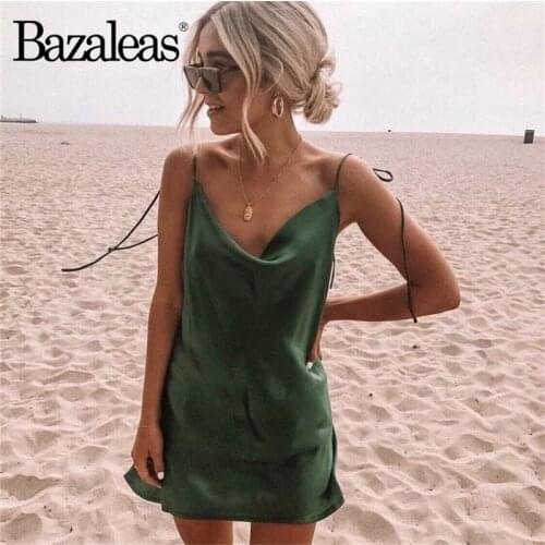 Bazaleas Fashion Green Smooth Summer Dress Adjust spaghetti straps vestidos Slim like silk women dresses drop shipping