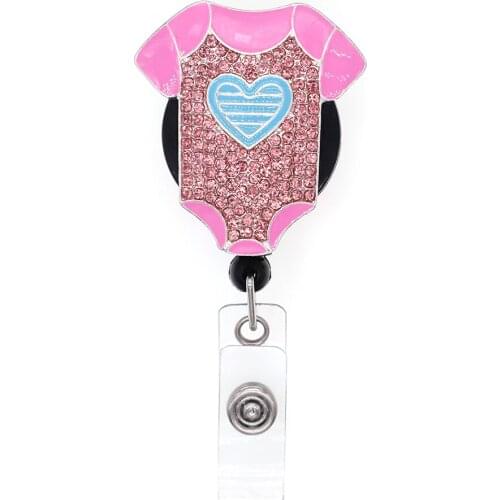 10pcs/lot Free Shipping Blue Heart Pink Rhinestone Baby Jumpsuit Shape Retractable Badge Reel Children Badge Holder