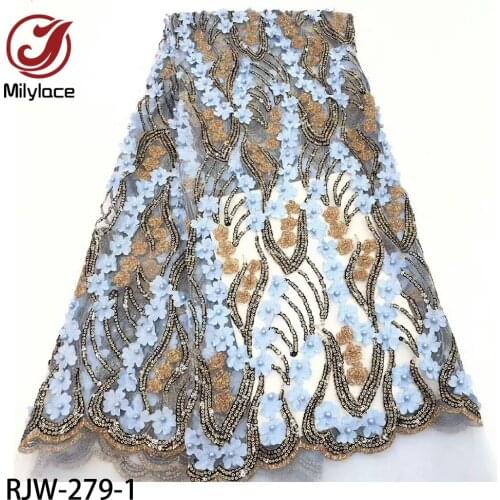 3D Flower Lace Embroidered French Lace Fabric Beautiful African Net Tulle Lace Fabric with Beads Sequins for Dress RJW-279