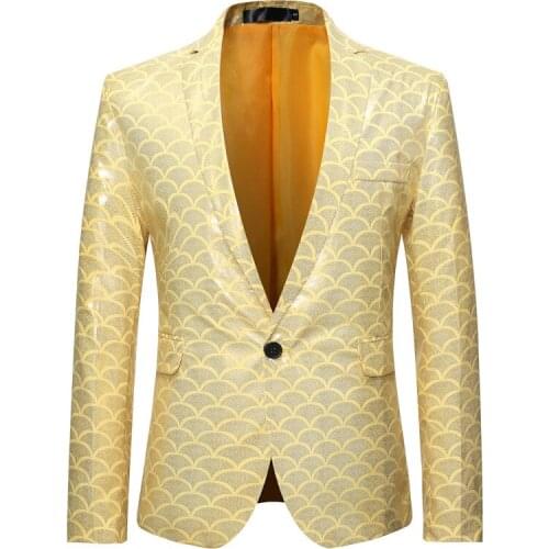 Shiny Yellow Bronzing Print DJ Club Prom Blazer Men 2019 Fashion Slim Fit One Button Suit Jacket Men Party Wedding Tuxedo Blazer