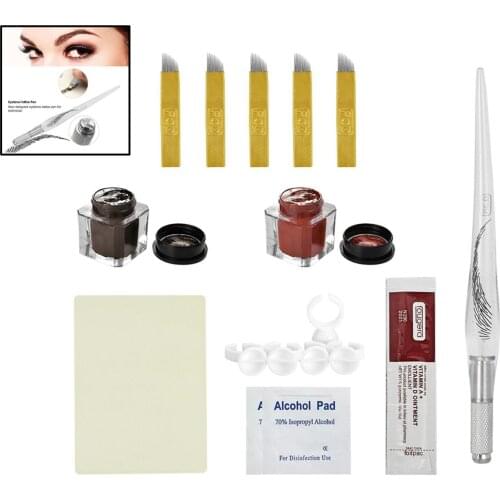 Eyebrow Permanent Tattoo Kit Pen Needle Pigment Ink Practise Skin Ring Cup