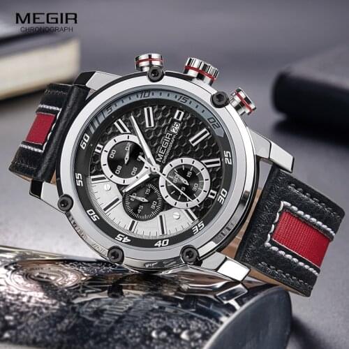 MEGIR Mens Waterproof Leather Strap Quartz Watches Fashion Chronograph Wrist Watch for Man Luminous Hands 2079GBK-1