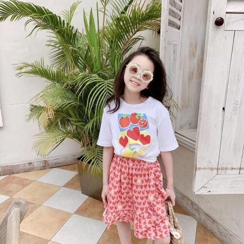 2021 Kids Summer Set Coconut fruit pattern white colour Tees + pink colour skirt fashion summer girls clothing