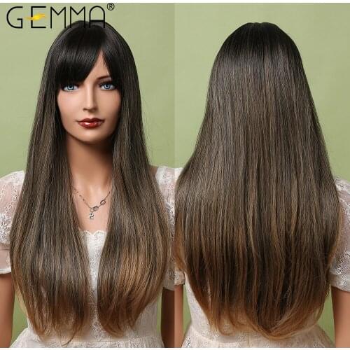GEMMA Long Ombre Black Brown Synthetic Wigs with Bangs Natural Hair Cosplay Daily Party Wig for Women High Temperature Fake Hair