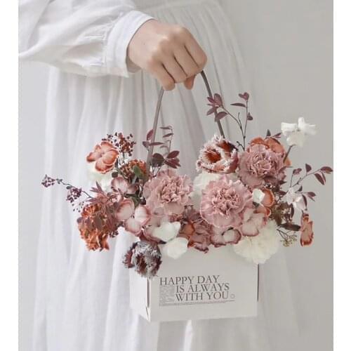 Double-sided Flower Packaging Box Waterproof Flower Basket With Handle Floral Rose Party Gift Handy Bag Kraft Bouquet Basket