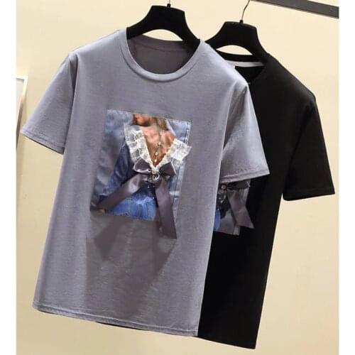 GGRIGHT Knitted Funny Print Casual O-Neck T-shirt Women Harajuku Cotton Oversized TShirt Female Bow Tees Shirt Ladies Tops