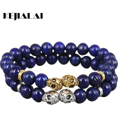 KEJIALAI 1pcs 2018 New Fashion 8mm Beads Bracelet Gold/Silver Color Skull Head Lapis Lazuli Stone Beads Mens Bracelet A0310