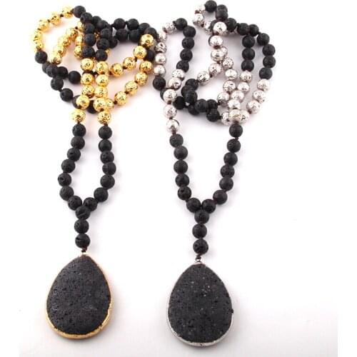MOODPC Fashion Bohemian Tribal Jewelry Lava Stones Knotted Black Lava Pendant Necklace Women Ethnic Necklace