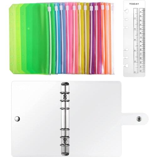 A6 Clear PVC 6 Rings Budget Binder Cover Binder Notebook with 12 Pieces Assorted Plastic Binder Envelopes and 1 Ruler
