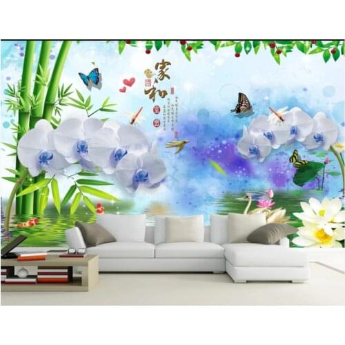 Custom photo wallpaper for walls 3 d flower murals for living room Chinese style bamboo water phalaenopsis lotus background wall