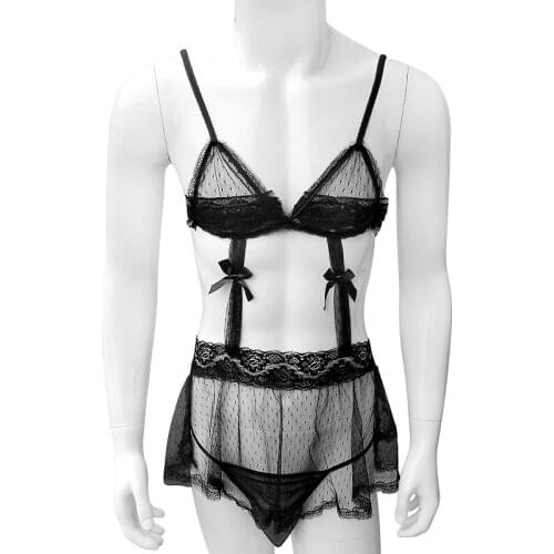 Sexy Mens Lingerie See Through Lace Sissy Nightwear Skirts With Thong Dot Gay Sleepwear Crossdressing Clubwear Badydoll Black