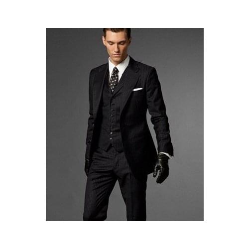 Best Slim Fit Two Buttons Black stripes Groom Tuxedos Notch Lapel Best Man Groomsmen Men Wedding Suits Jacket+Pants+Tie+Vest