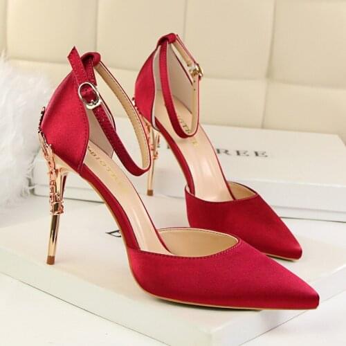 Spring Autumn Women Shoes Pointed Toe Pumps 10CM Thin Heels Wedding Dress Sexy Metal with Hollow Satin High Heels Boat Shoes