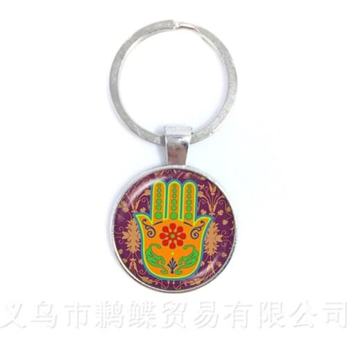 Vintage Hamsa Hand Keychains Evil Eye Glass Cabochon Pendant Charms Fatima Keyring Charms Jewelry For Men Women