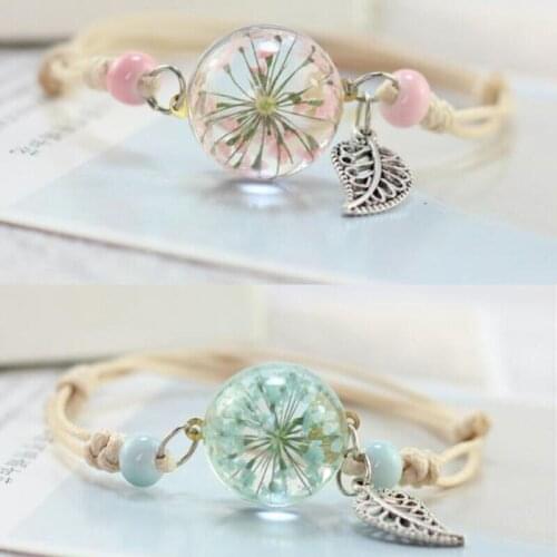 Dried Flower Specimen Weave Bracelet Glass Ball Dandelion Adjustable Bangle Bracelet Bohemia Jewelry For Women Gifts