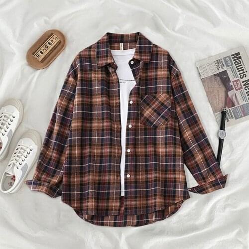 Women Oversized Plaid Print Boyfriend Style Shirt Long Sleeve Chic Female Casual Loose Shirt Dropship