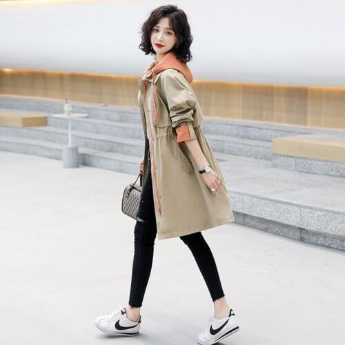 2021 New Spring Autumn Women Hooded Windbreaker Women Mid-length Trench Coat Loose Patchwork Fashion Casual Coats Wmen Outerwear