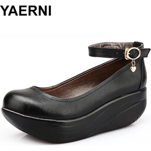 YAERNI Spring Autumn Women Swing Shoes Black Leather Ankle Wedges Shoes Comfortable Thick Sole Height Increase Shoes Big Size