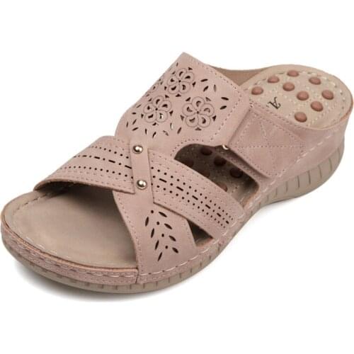 European Summer Womens Sandals Platform Massage Slippers High Quality Chunky Casual Shoes PU Leather Flowers Home Footwear