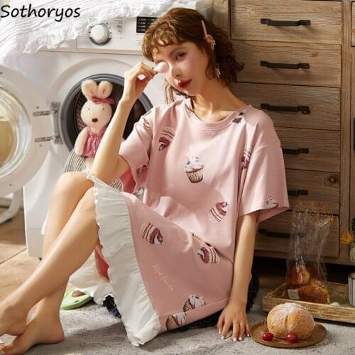 Women Nightgowns Cotton Comfortable Thin Simple Summer Short Sleeve Sleepwear Female Cartoon Cute Sweet Breathable NightDress