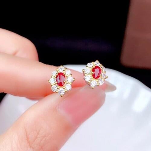 Womens 925 Tremella Earrings Natural Pigeon Blood Ruby Earrings Simple, Small and Cute